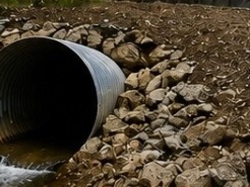Corrugated culvert pipe set into riprap with water flowing through