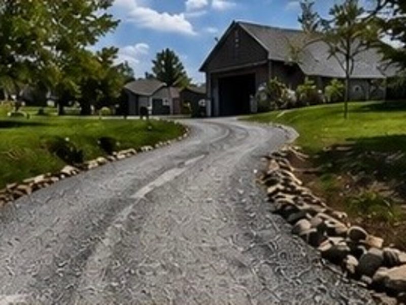 Long curved gravel driveway lined with large stones