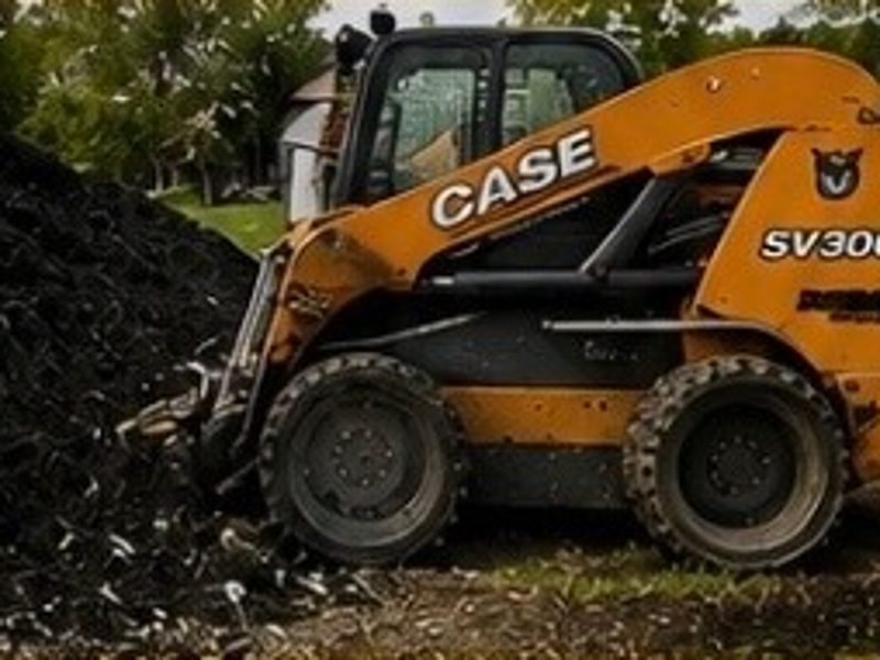 Case SV300 skid steer next to a large pile of mulch